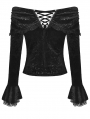 Black Gothic Vintage Off-the-Shoulder Velvet Embossing Long Sleeve Top for Women