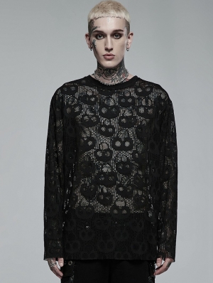 Black Gothic Daily Wear Skull Mesh Long Sleeve T-Shirt for Men