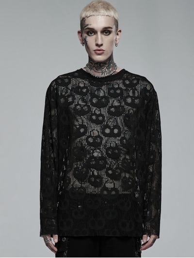 Black Gothic Daily Wear Skull Mesh Long Sleeve T-Shirt for Men