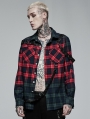 Red and Green Gothic Punk Plaid Casual Long Sleeve Shirt for Men