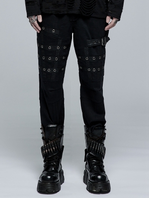 Black Gothic Punk Rivet Belt Long Trousers for Men