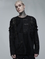 Black Gothic Punk Daily Wear Knitted Broken Holes Long Sleeve T-Shirt for Men
