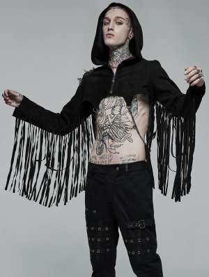 Black Gothic Punk Rivet Tassel Hooeded Short Jacket for Men