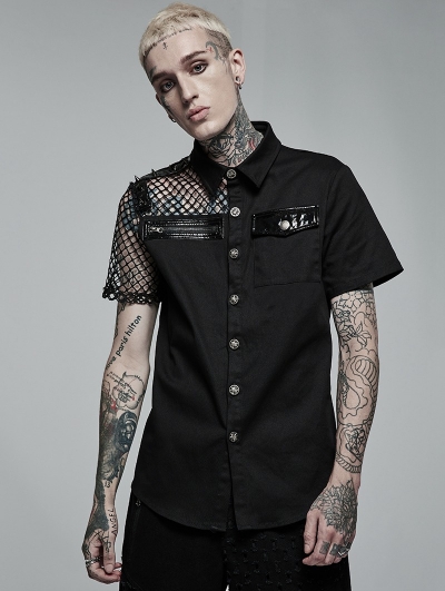 Black Gothic Punk Asymmetric Stitching Short Sleeve Shirt for Men