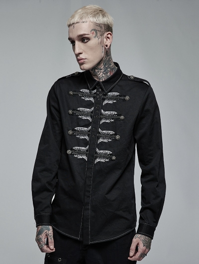 Black Gothic Punk Personalized Skull Embroidery Long Sleeve Shirt for Men