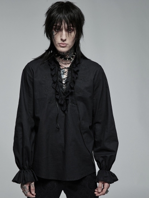 Black Vintage Gothic Skeleton Embroidered Long Sleeve Shirt for Men