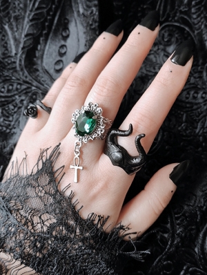 Green Vintage Gothic Cross Pendant Ring