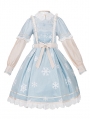 White and Blue Snowflake Printed Fake Two-Piece Long Sleeve Sweet Lolita OP Dress