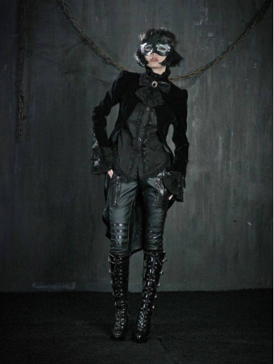 Black High-Low Tuxedo Style Gothic Jacket for Women