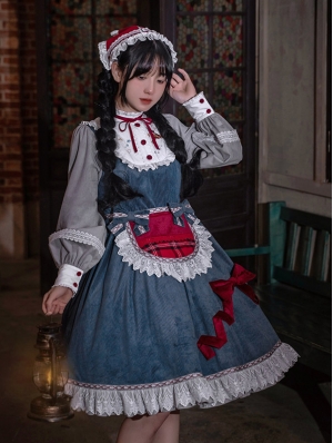 Wish Dawn Blue and Gray Christmas Deer Embroidery Long Sleeve Classic Lolita OP Dress