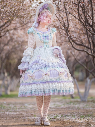 Rainbow Bubble Long Layered Sleeve Macaron Sweet Lolita OP Dress
