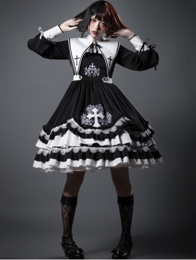 Eternal Night Black and White Cross Long Lantern Sleeve Gothic Lolita OP Dress