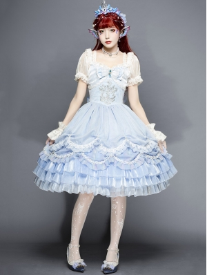 Little Mermaid Blue Off-the-Shoulder Short Puff Sleeve Sweet Lolita OP Dress