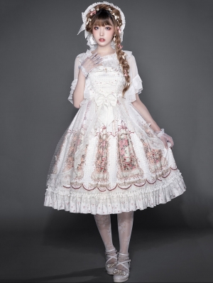 Thumbelina White Printed Middle Ruffled Sleeve Classic Lolita OP Dress