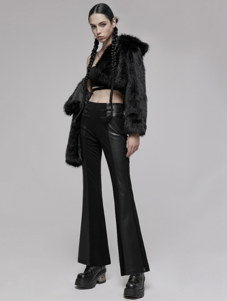 Black Gothic Chinese Style PU Splice Flared Pants for Women ...