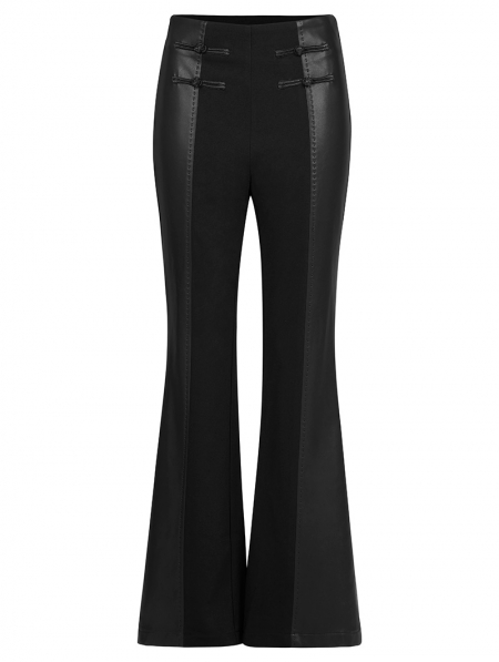 Black Gothic Chinese Style PU Splice Flared Pants for Women ...