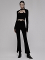 Black Gothic Punk Micro Flare Pants With V-Shaped Decorative Strap for Women