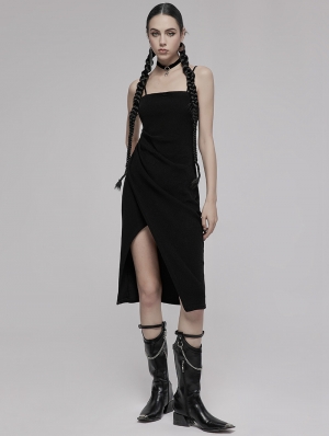 Black Gothic Asymmetric Split Sexy Slip Dress With Choker