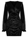 Black Gothic Velvet Wrinkled Long Sleeve V-Neck Short Dress
