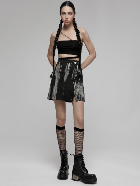 Black and White Gothic Punk Side Slit Tie Dyed A-Line Skirt ...