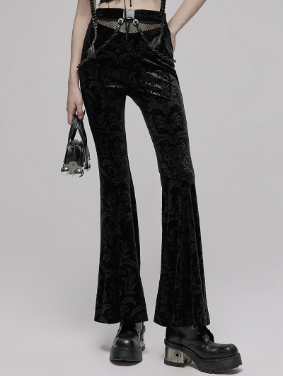Black Gothic Dark Printed Velvet Flared Pants for Women
