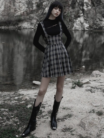 Black and White Plaid Gothic Pleated Strap Short Daily Wear Dress