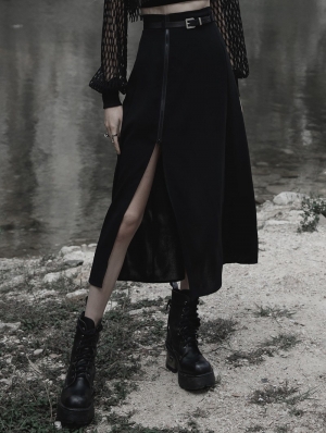 Black Gothic Simple A-Line Long Skirt with Detachable Belt