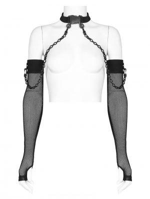 Black Gothic Punk Rhombus Gauze Arm Sleeves with Detachable Choker