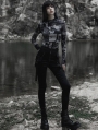 Black and Gray Printed Gothic Fit Split Long Sleeve T-Shirt for Women