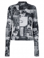 Black and Gray Printed Gothic Fit Split Long Sleeve T-Shirt for Women