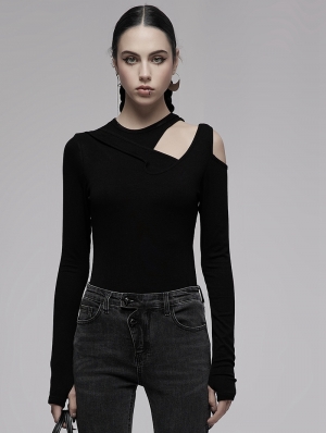 Black Gothic Daily Wear Off-the-Shoulder Long Sleeve Fit T-Shirt for Women
