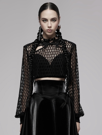 Black Gothic Net Short Hooded Sweatshirt for Women