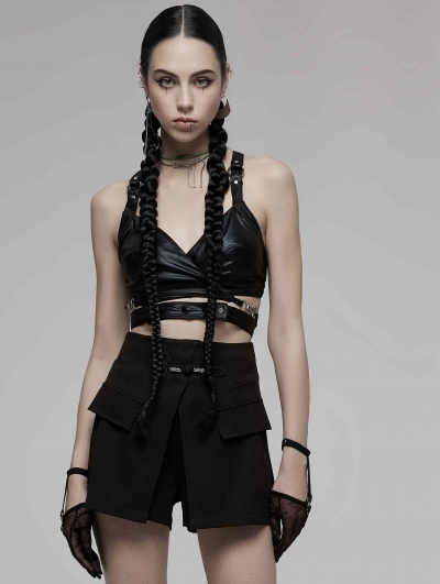 Black Gothic Punk Cross Strap Crop Top for Women