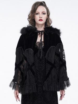 Black Gothic Velvet Lace Fur Short Hooded Cape for Women