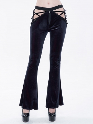 Dark Blue Gothic Velvet Sexy Hollow Out Lace Applique Flared Trousers for Women