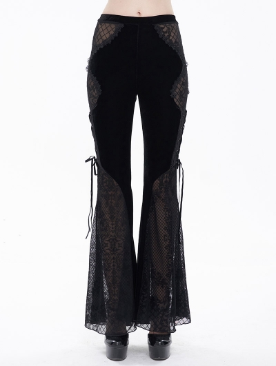 Black Gothic Sexy Velvet Lace Transparent Flared Trousers for Women