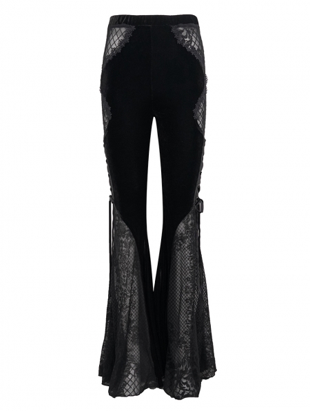 Black Gothic Sexy Velvet Lace Transparent Flared Trousers for Women ...