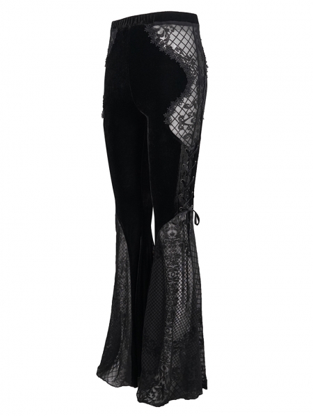 Black Gothic Sexy Velvet Lace Transparent Flared Trousers for Women ...