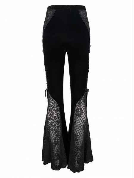 Black Gothic Sexy Velvet Lace Transparent Flared Trousers for Women ...