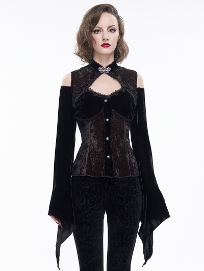 Black Vintage Gothic Elegant Velvet Off-the-Shoulder Long Sleeve Shirt for Women
