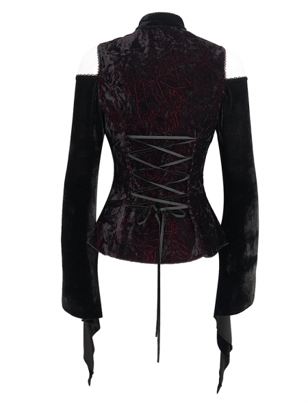 Black Vintage Gothic Elegant Velvet Off-the-Shoulder Long Sleeve Shirt ...