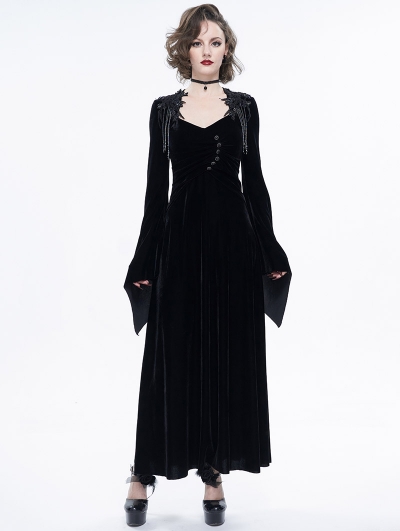 Black Vintage Gothic V-Neck Velvet Long Sleeve Party Dress
