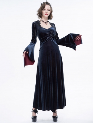 Dark Blue Vintage Gothic V-Neck Velvet Long Sleeve Party Dress