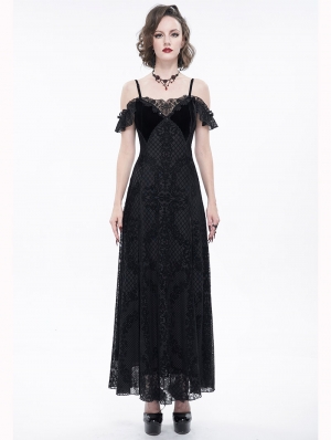 Black Vintage Gothic Sexy Off-the-Shoulder Lace Slit Long Party Dress