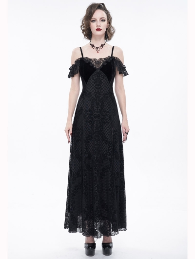 Black Vintage Gothic Sexy Off-the-Shoulder Lace Slit Long Party Dress