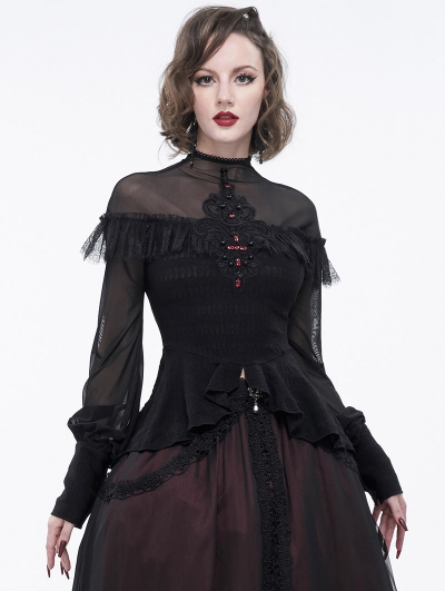 Black Gothic Lace Applique Beading Long Sleeve Shirt for Women ...