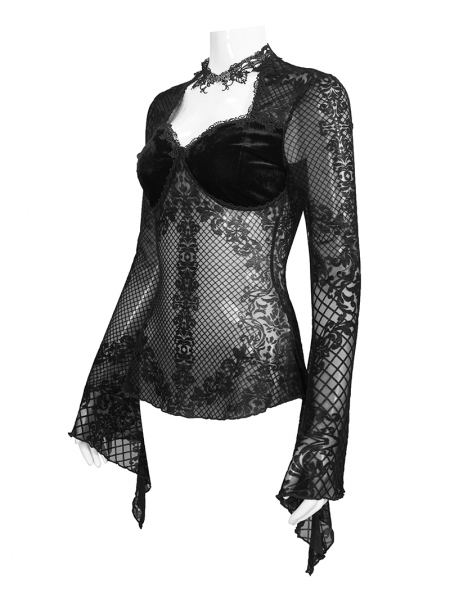 Black Gothic Sexy Vintage Transparent Long Trumpet Sleeve Shirt for ...