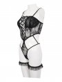Black Gothic Sexy Hollow Out Lace Lingerie Set with Leg Garter