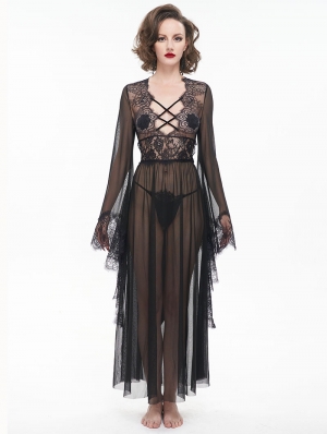 Black Gothic Sexy Hollow Out Transparent Lace Long Dress with G-String