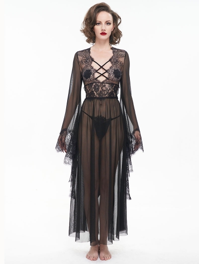 Black Gothic Sexy Hollow Out Transparent Lace Long Dress with G-String